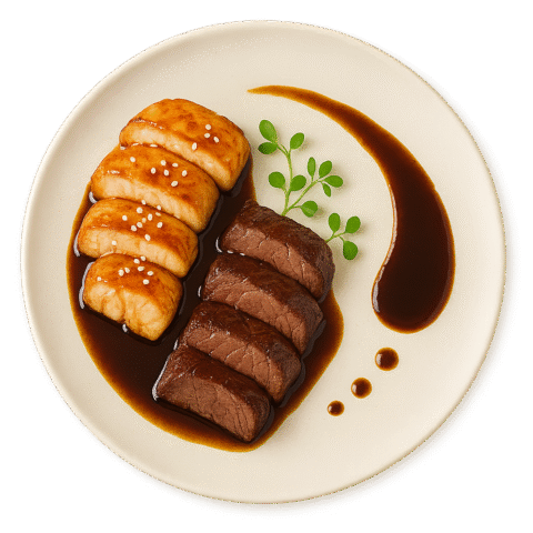 Pollo y Res Teriyaki